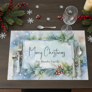 Winter Holly Berries Pine Cones Christmas Placemat
