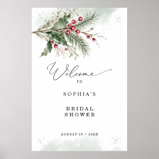 Winter Holly Berries Watercolor Bridal Shower Poster