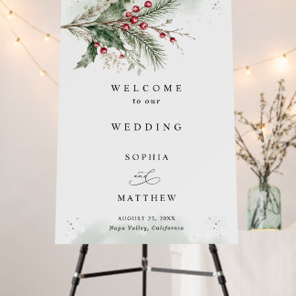 Winter Holly Berries Watercolor Wedding Welcome Foam Board