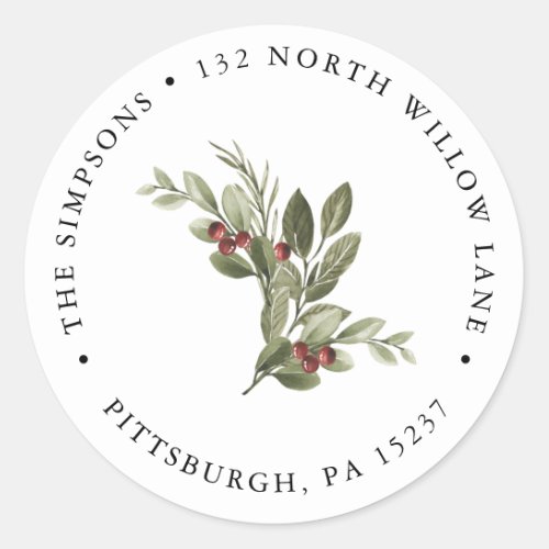 Winter Holly Berry Branch Holiday Return Address Classic Round Sticker