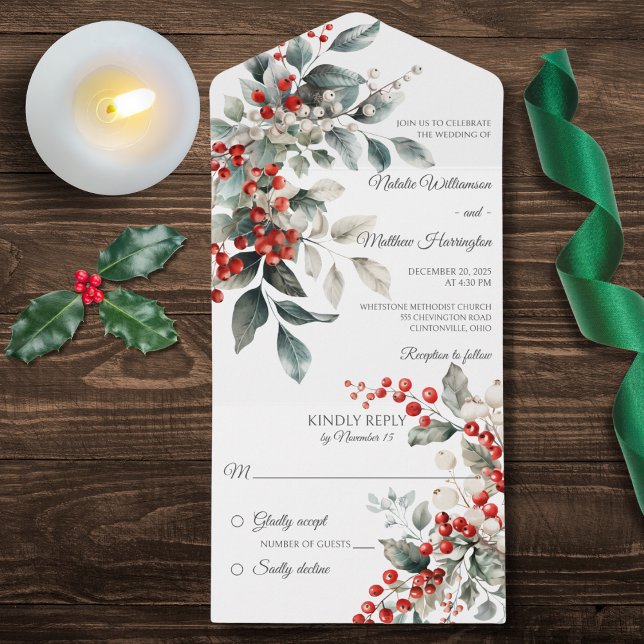 Winter Holly Berry Wedding All In One Invitation (Also available with QR code)
