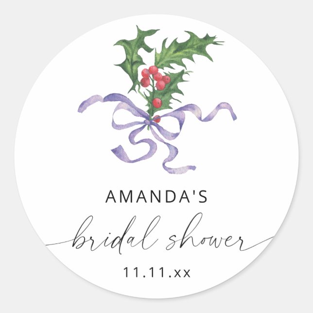 Winter holly branch - bridal shower classic round sticker (Front)