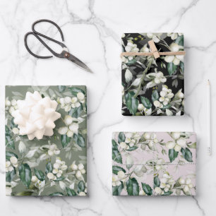 Winter holly branches green pattern watercolour wrapping paper sheets