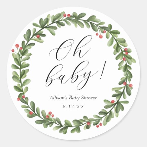 Winter Holly Foliage Baby Shower Round Sticker