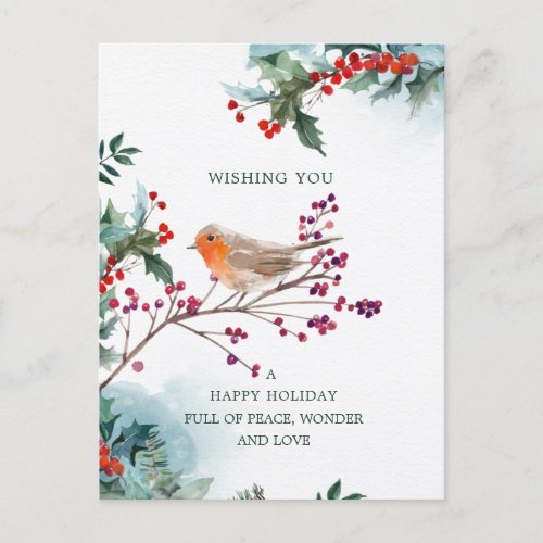 Winter Holly Red Robin Christmas Wishes Postcard