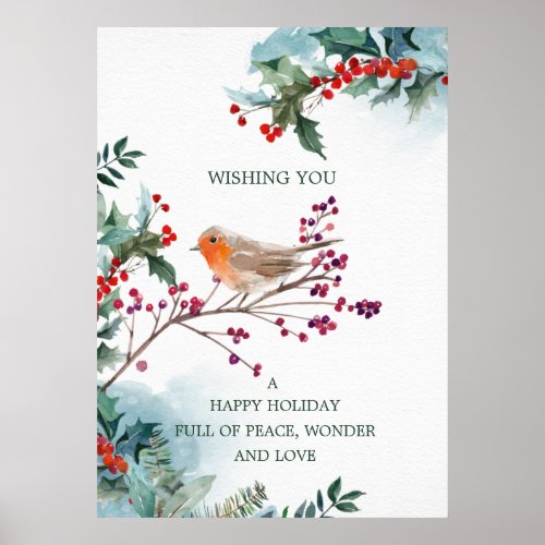 Winter Holly Red Robin Christmas Wishes Poster
