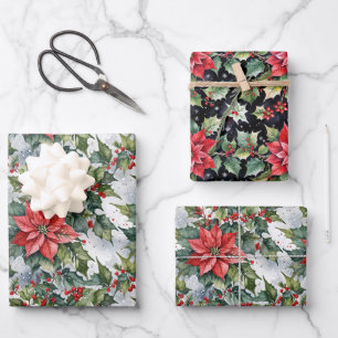 Winter Holly Wrapping Paper Flat Sheet Set of 3