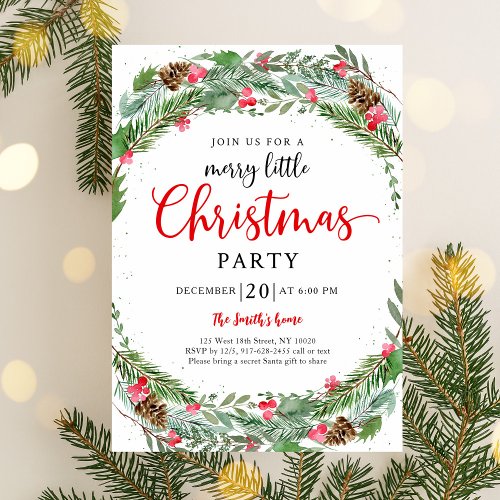 Winter Holly Wreath Merry Little Christmas Party Invitation