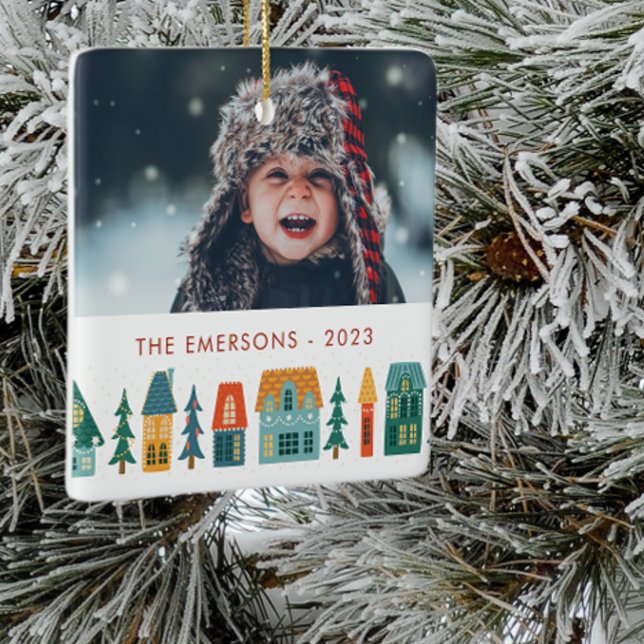 Winter Home Photo Ceramic Ornament (Retro Holiday Houses with Family Photo Christmas Ornament and Family Name Monogram)