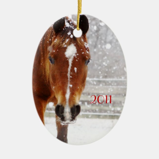 Winter Horse Christmas Ceramic Ornament (Front)