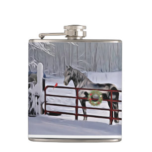 Winter horse in snow holiday flask