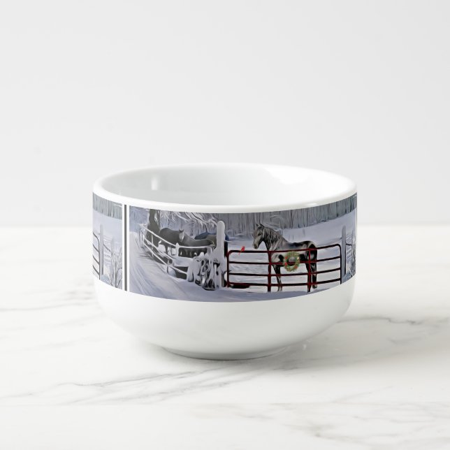 Winter horse in snow holiday  soup mug (Front)