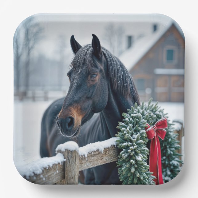 Winter Horse With Christmas Wreath Paper Plates (Front)