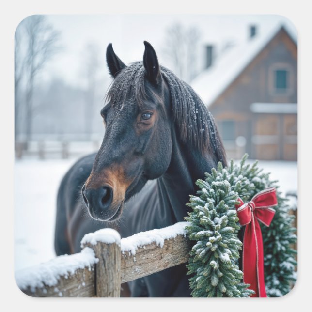 Winter Horse With Christmas Wreath Square Sticker (Front)