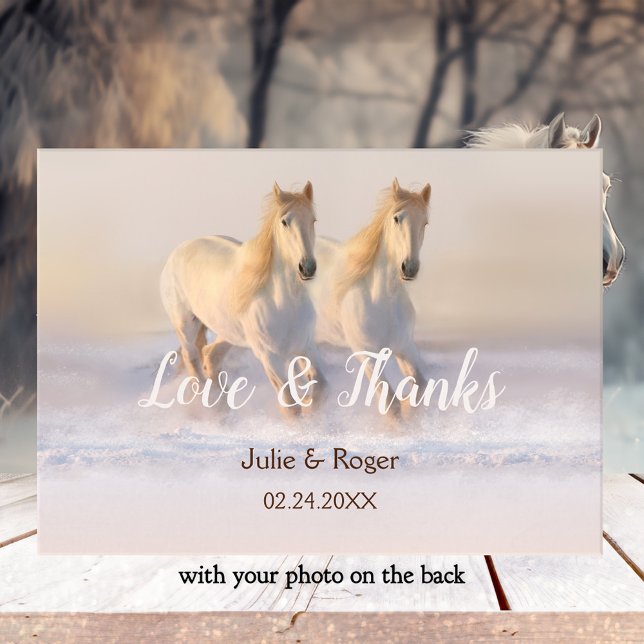 Winter Horses Photo Wedding Thank You Card (Photo wedding Thank You card featuring a painting of two white horses running in the snow)