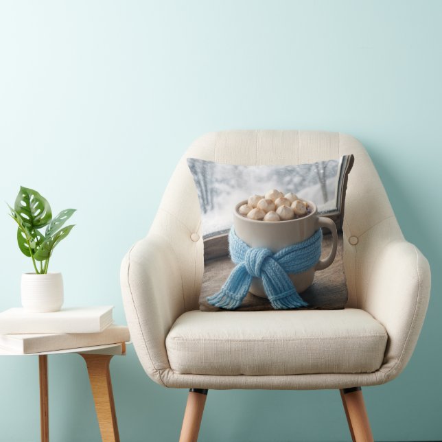 Winter Hot Cocoa With Blue Scarf Throw Pillow (Chair)