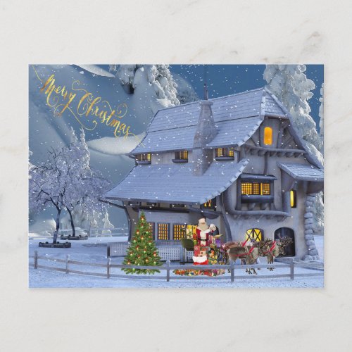 Winter House and Santa Claus Postcard