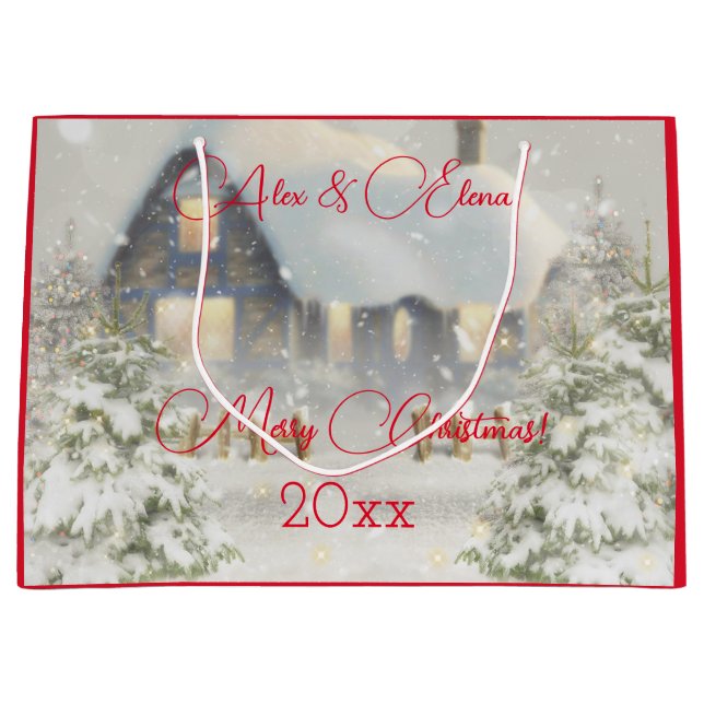 Winter house snow retro red large gift bag (Front)