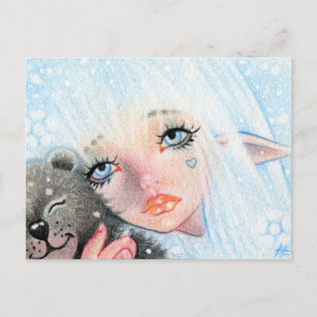 Winter Hugs Elve with Teddy bear postcard (Front)