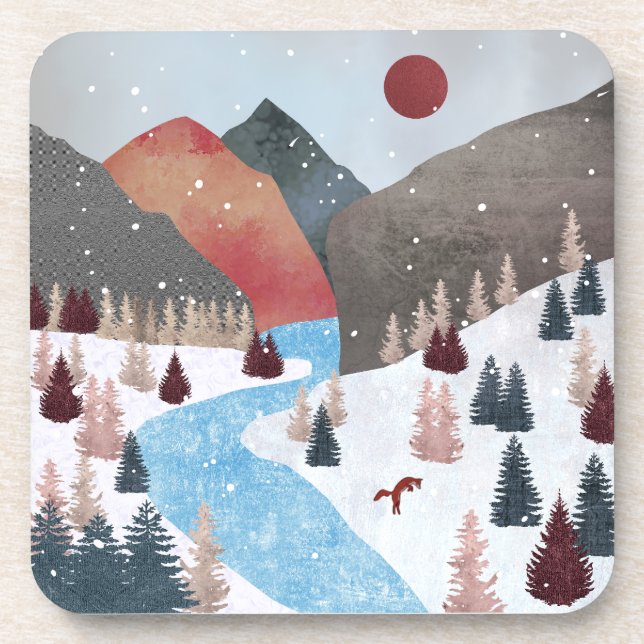 Winter Hunting Fox Beverage Coaster (Front)