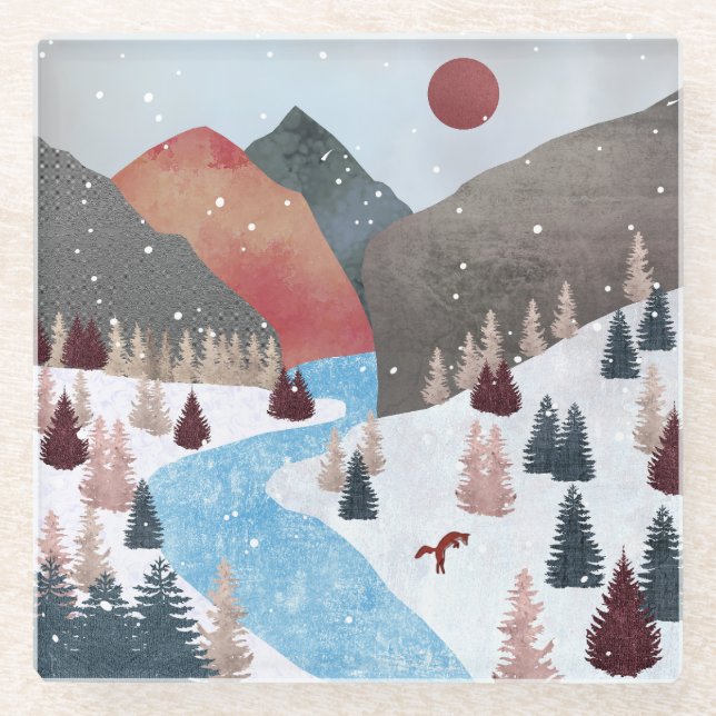 Winter Hunting Fox Glass Coaster (Front)