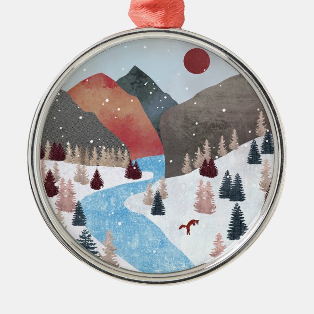 Winter Hunting Fox Metal Ornament (Front)