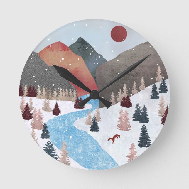 Winter Hunting Fox Round Clock (Front)