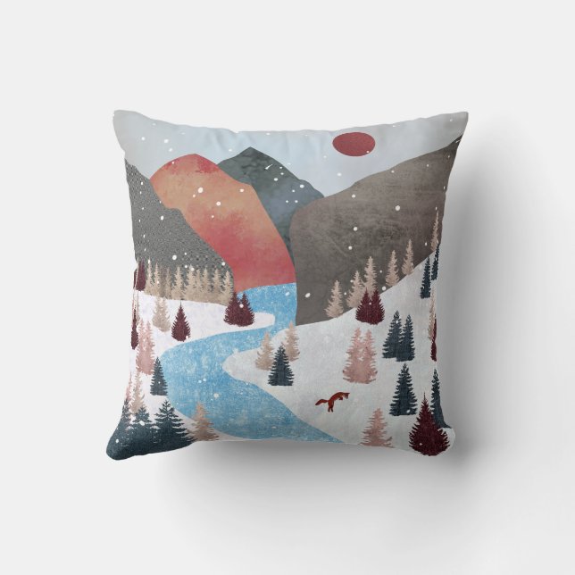 Winter Hunting Fox Throw Pillow (Back)