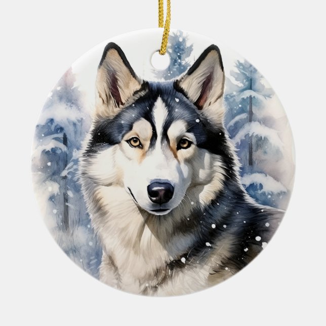 Winter Husky Ceramic Ornament (Front)