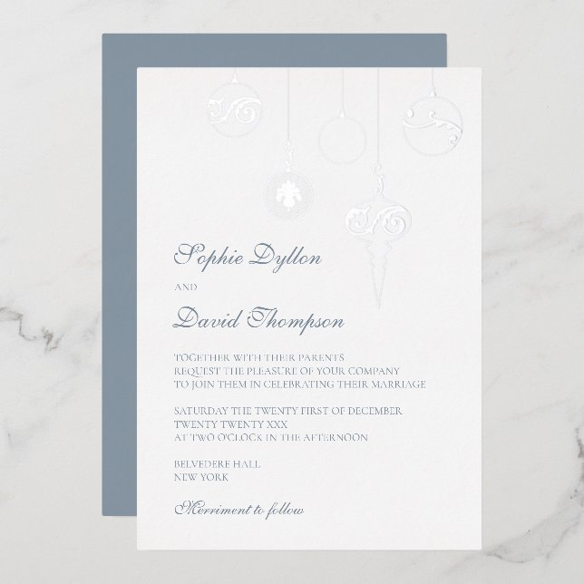 Winter Ice Blue Christmas Ornaments Wedding Silver Foil Invitation (Front/Back)