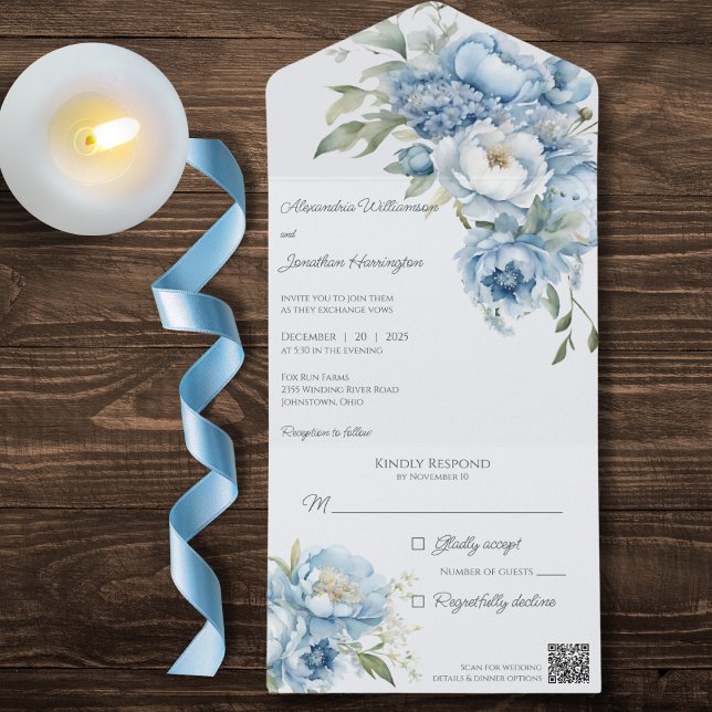 Winter Ice Blue Flowers QR Code  All In One Invitation (Creator Uploaded)