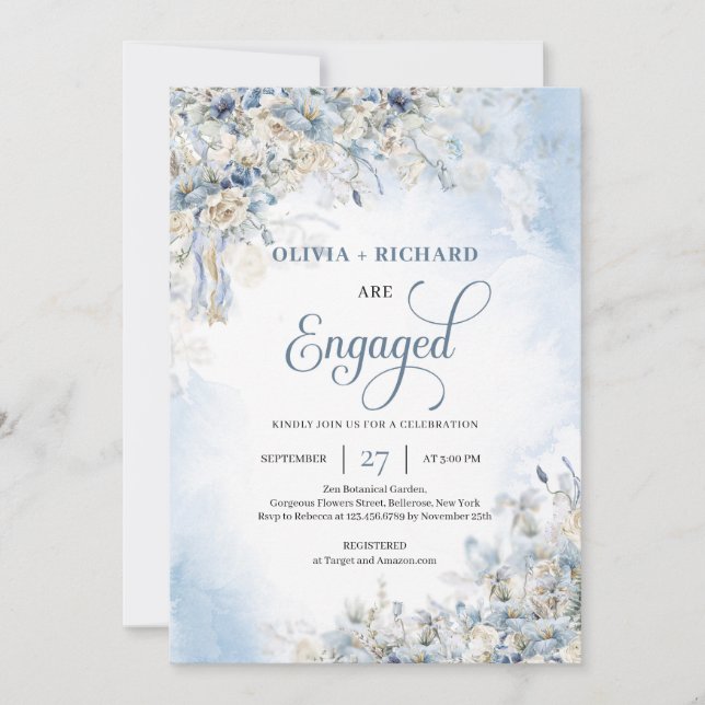 Winter ice blue flowers white roses greenery invitation (Front)