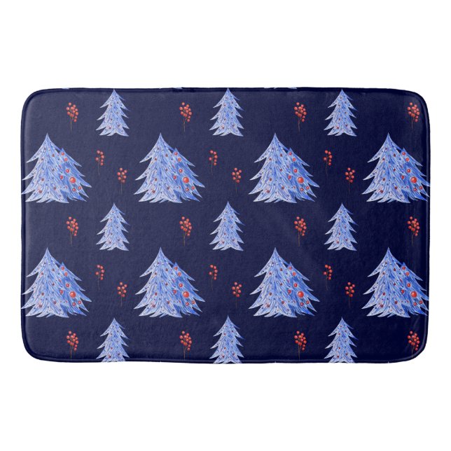 Winter Ice Blue Tree Holly Berries Navy Christmas Bath Mat (Front)