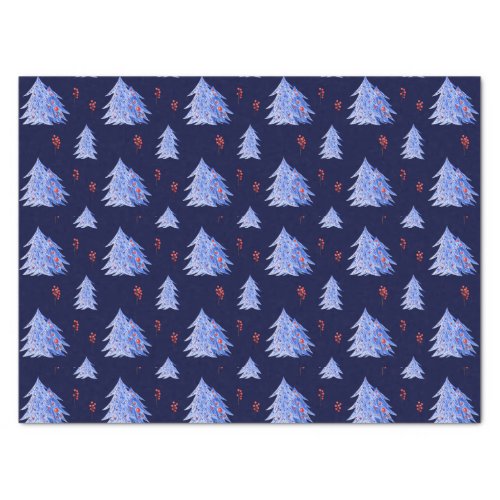 Winter Ice Blue Tree Holly Berries Navy Christmas Tissue Paper