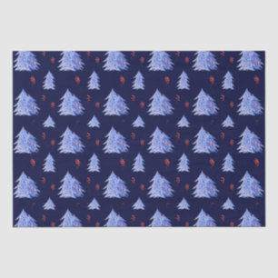 Winter Ice Blue Tree Holly Berries Navy Christmas Tissue Paper