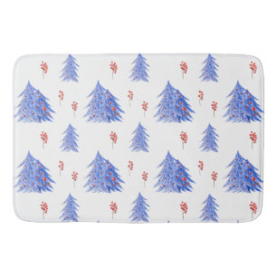 Winter Ice Blue Tree Holly Berries White Christmas Bath Mat