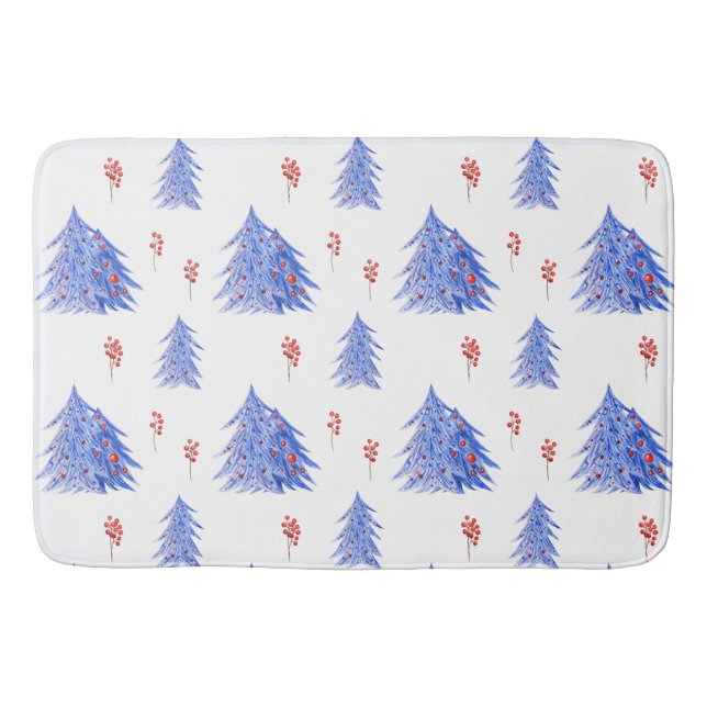 Winter Ice Blue Tree Holly Berries White Christmas Bath Mat (Front)