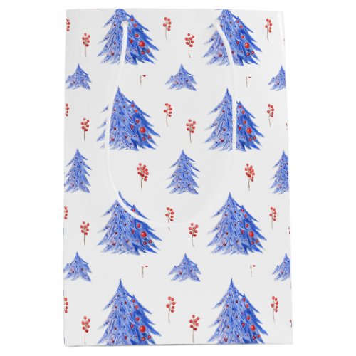 Winter Ice Blue Tree Holly Berries White Christmas Medium Gift Bag