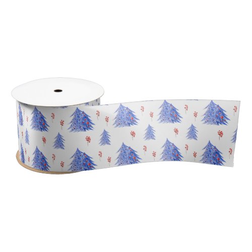 Winter Ice Blue Tree Holly Berries White Christmas Satin Ribbon