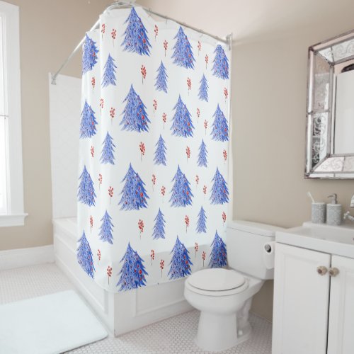 Winter Ice Blue Tree Holly Berries White Christmas Shower Curtain
