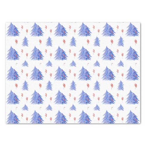 Winter Ice Blue Tree Holly Berries White Christmas Tissue Paper