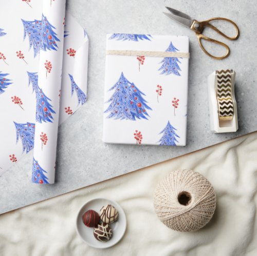 Winter Ice Blue Trees Holly Berries Christmas Wrapping Paper