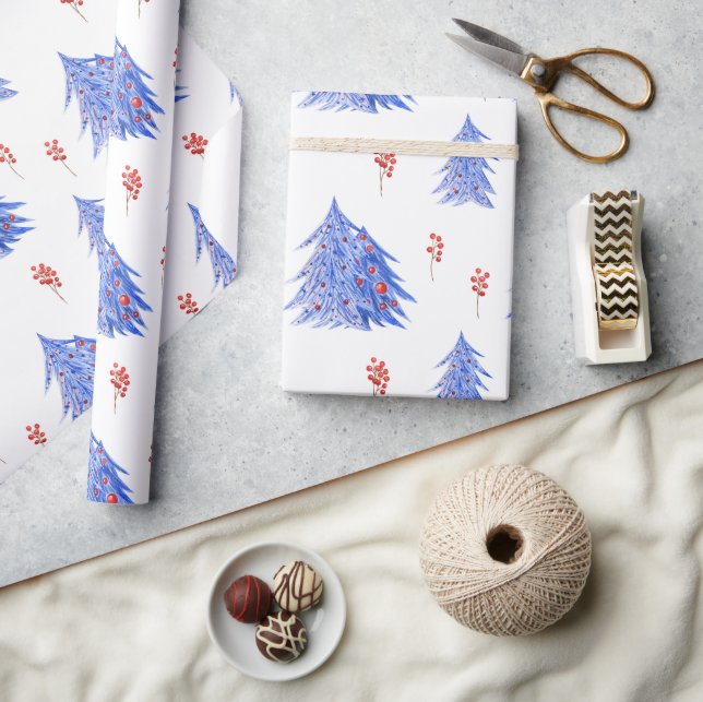 Winter Ice Blue Trees Holly Berries Christmas Wrapping Paper (Crafts)