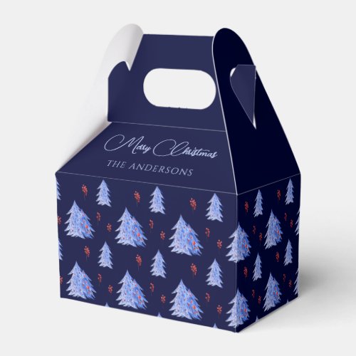 Winter Ice Blue Trees Holly Berries Navy Christmas Favor Boxes