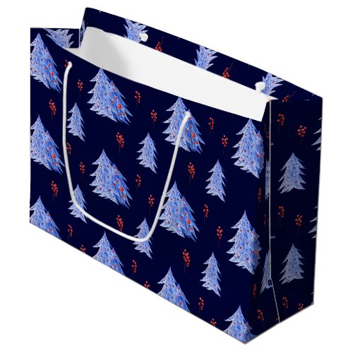 Winter Ice Blue Trees Holly Berries Navy Christmas Large Gift Bag