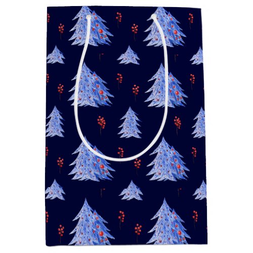 Winter Ice Blue Trees Holly Berries Navy Christmas Medium Gift Bag