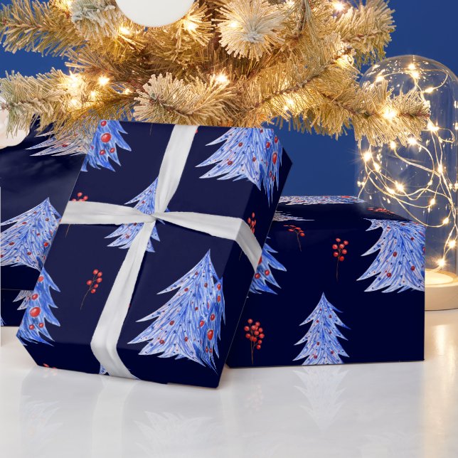 Winter Ice Blue Trees Holly Berries Navy Christmas Wrapping Paper (Holidays)