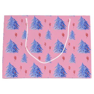 Winter Ice Blue Trees Holly Berries Pink Christmas