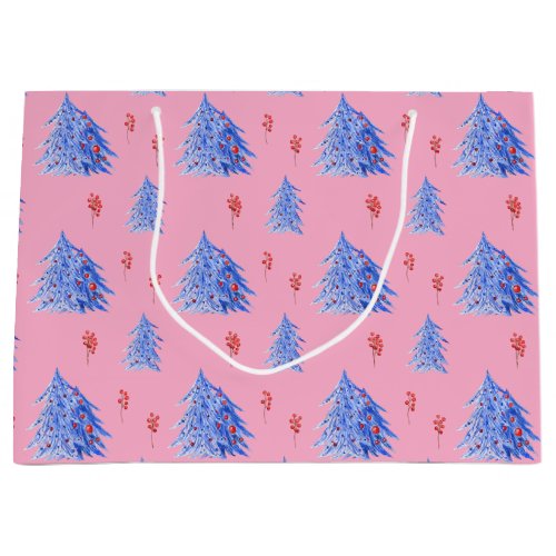 Winter Ice Blue Trees Holly Berries Pink Christmas Large Gift Bag