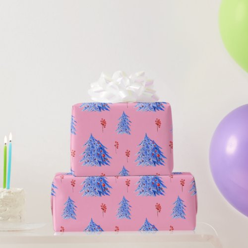 Winter Ice Blue Trees Holly Berries Pink Christmas Wrapping Paper